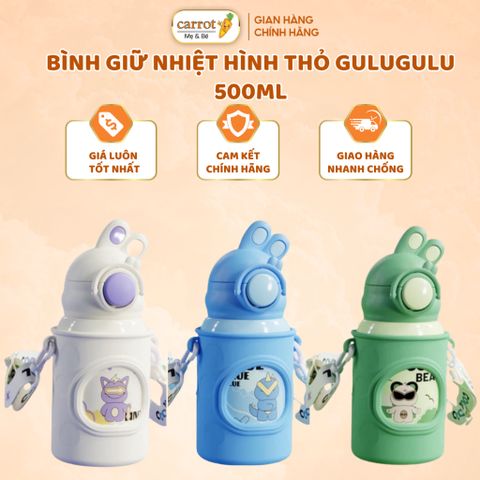 Bình Giữ Nhiệt Gulugu Họa Tiết Tai Thỏ Lõi Inox Chống Gỉ Kèm Quai Đeo 500ML Màu Ngẫu Nhiên