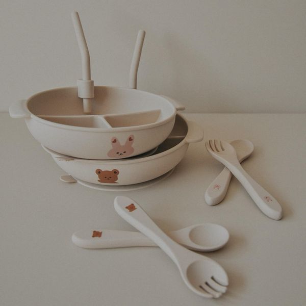 Khay Kèm Thìa Nĩa Silicon Dotodot Có Kèm Nắp Và Ống Hút