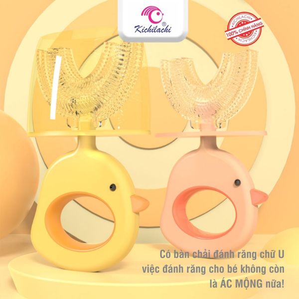 Bàn Chải Đánh Răng Chữ U Silicone Kichi Cho Bé, Có Kèm Nắp Đậy