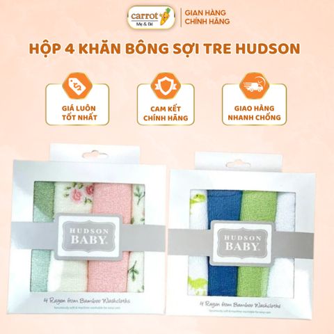Hộp 4 Khăn Bông Sợi Tre HUDSON, Khăn Sữa Cho Bé