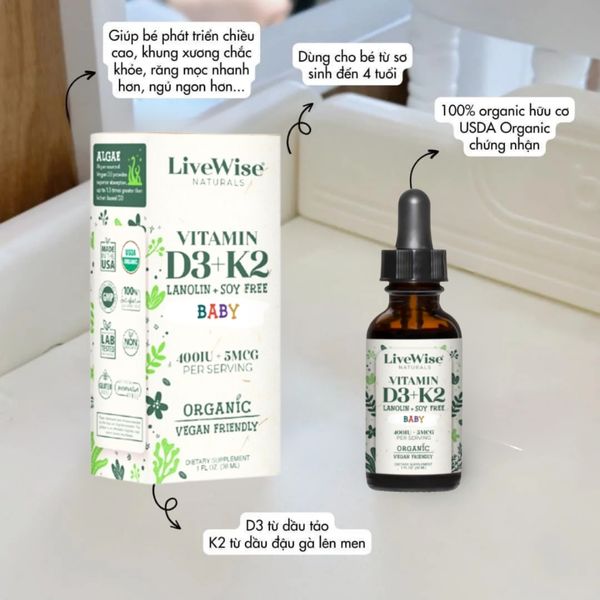 Vitamin D3K2 Thuần Chay LiveWise Naturals Mỹ Dung Tích 30ML - Mẫu Mới