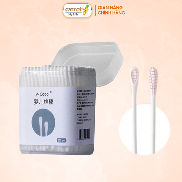 Tăm bông cho bé sơ sinh V-Coool Hộp 200 Que Thân Giấy