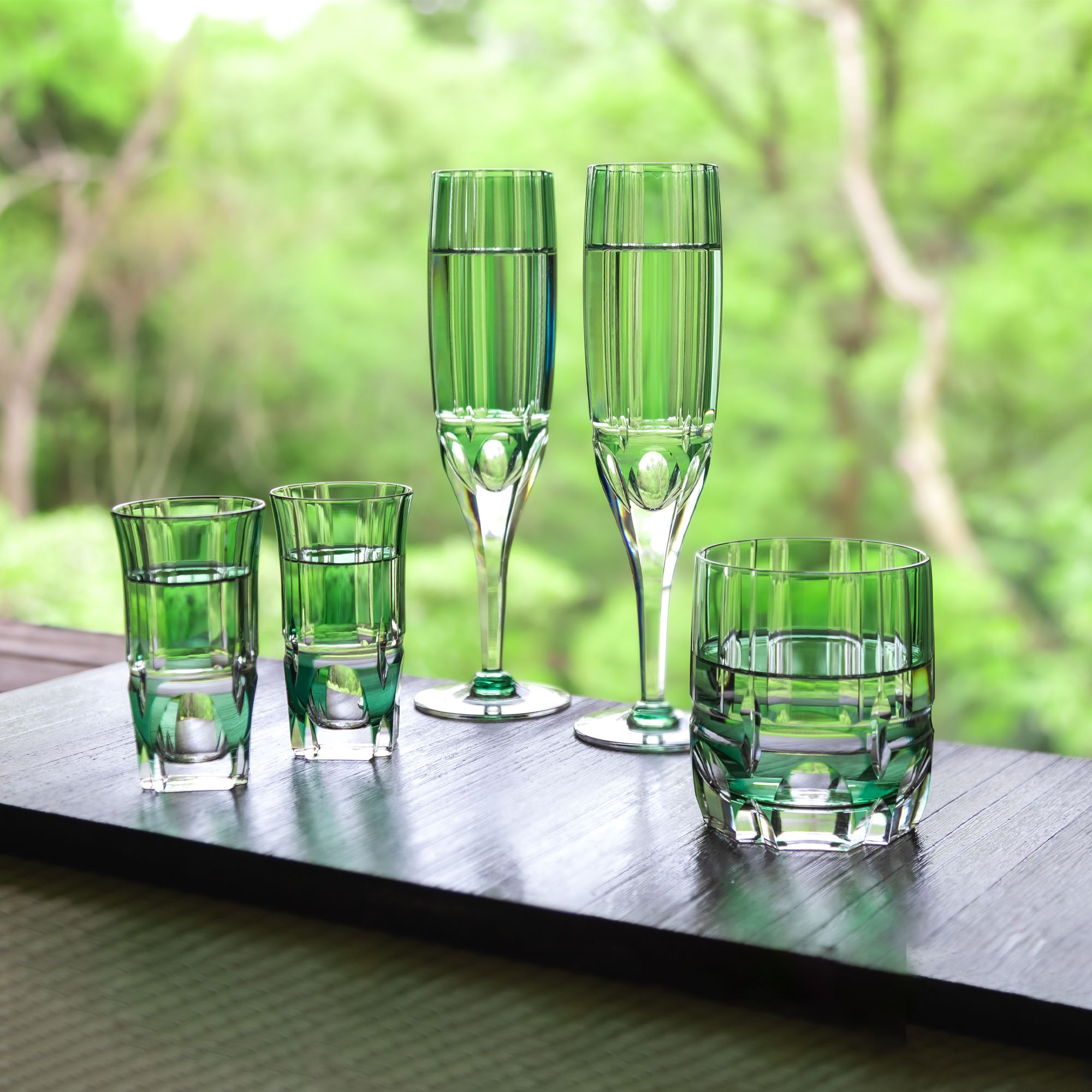 Ly pha lê rock glass Edo Kiriko "Bamboo Zen" 250ml màu xanh lá | Kagami Crystal T117 - 1908-CGR