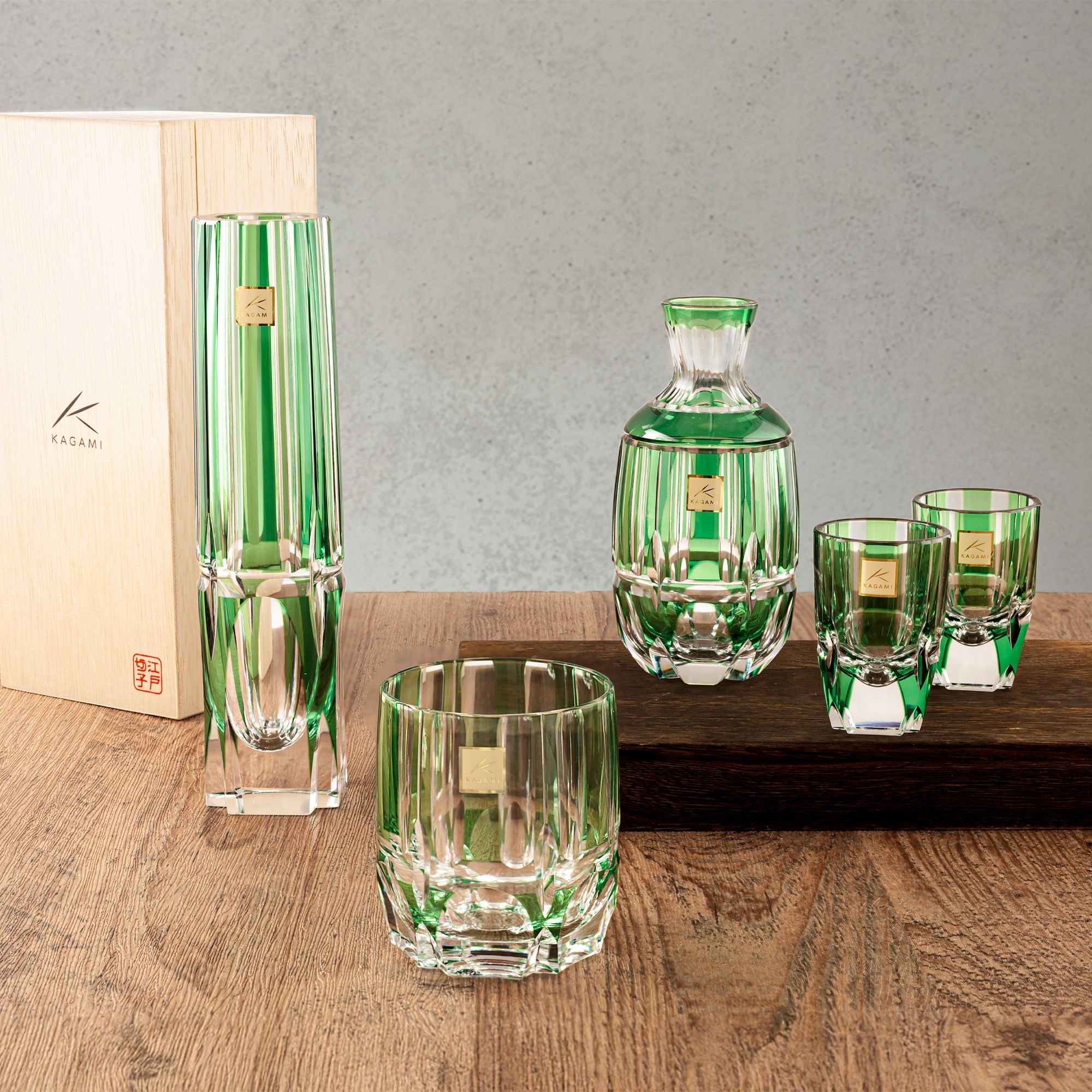 Ly pha lê rock glass Edo Kiriko "Bamboo Zen" 250ml màu xanh lá | Kagami Crystal T117 - 1908-CGR