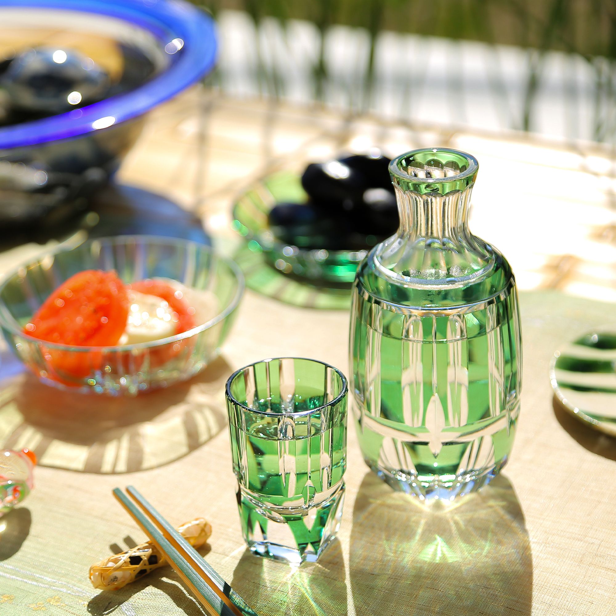 Bộ bình pha lê & ly rượu sake Edo Kiriko "Bamboo Zen" 03 món màu xanh lá | Kagami Crystal T117 - 2509