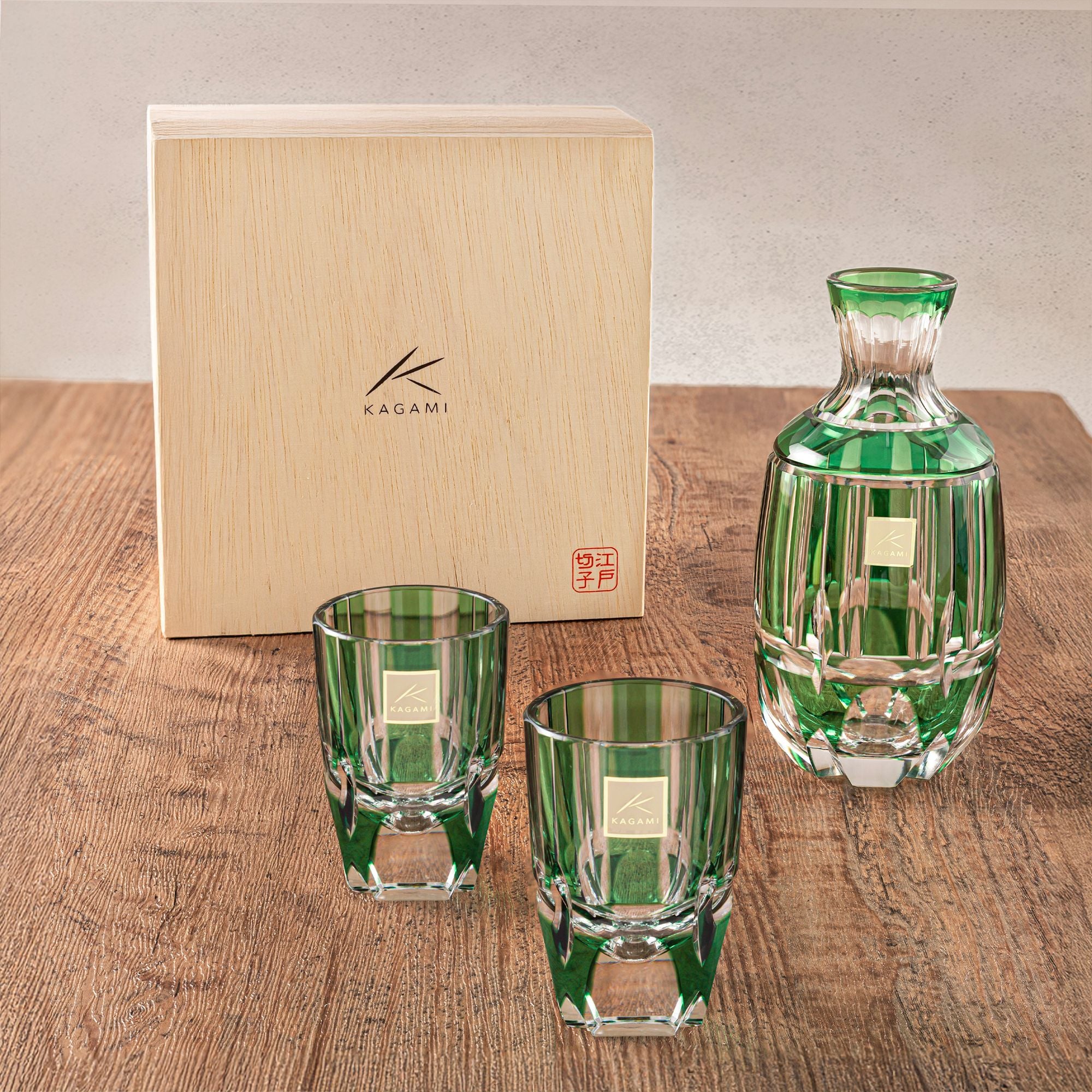 Bộ bình pha lê & ly rượu sake Edo Kiriko "Bamboo Zen" 03 món màu xanh lá | Kagami Crystal T117 - 2509