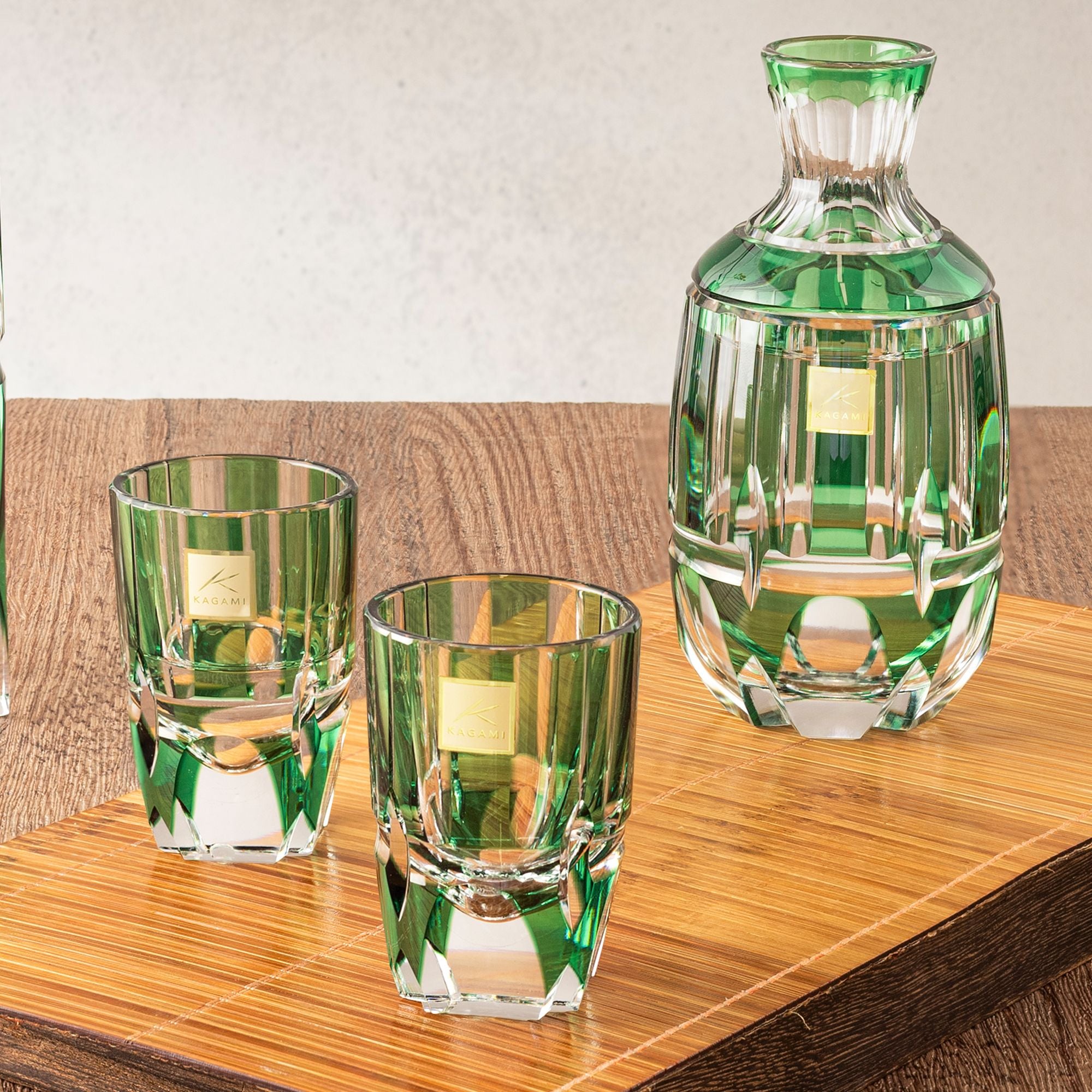 Bộ bình pha lê & ly rượu sake Edo Kiriko "Bamboo Zen" 03 món màu xanh lá | Kagami Crystal T117 - 2509