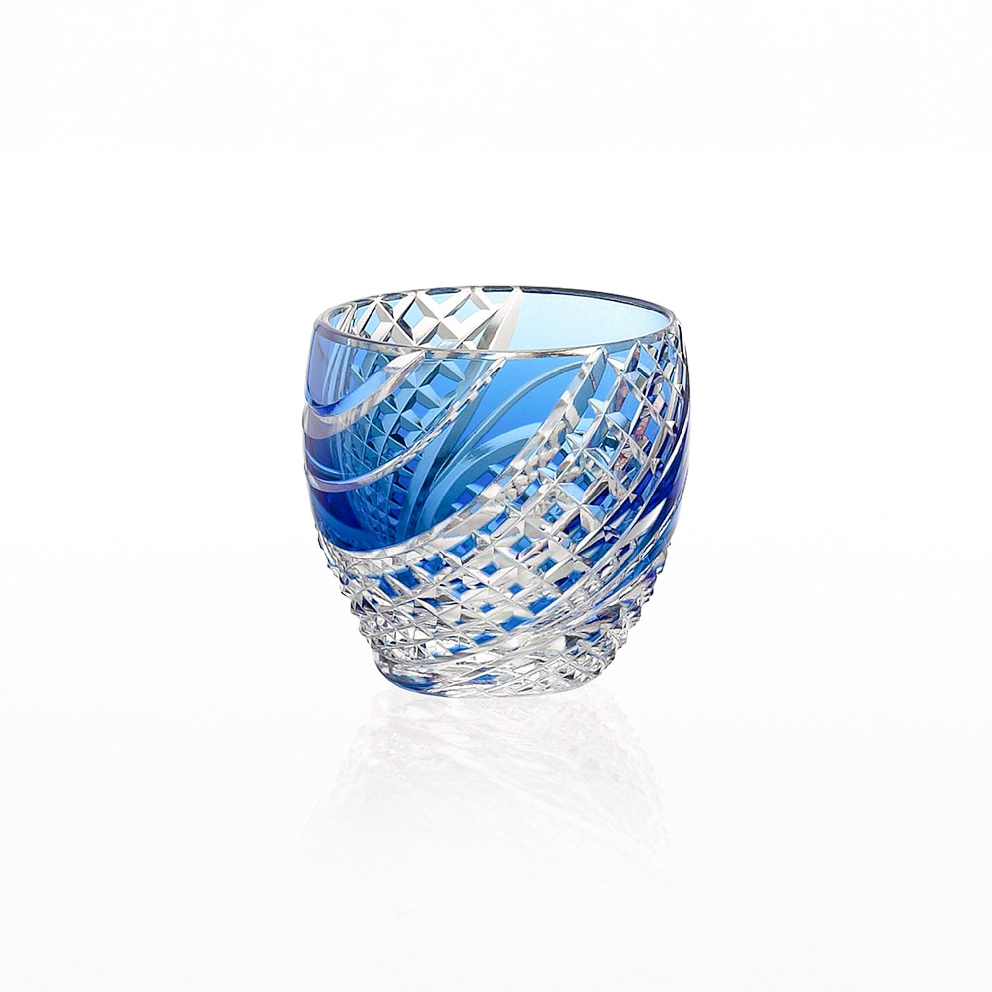 Ly pha lê sake Edo Kiriko “Fish scales strip" 80ml màu xanh cobalt | Kagami Crystal T535 - 2044-CCB