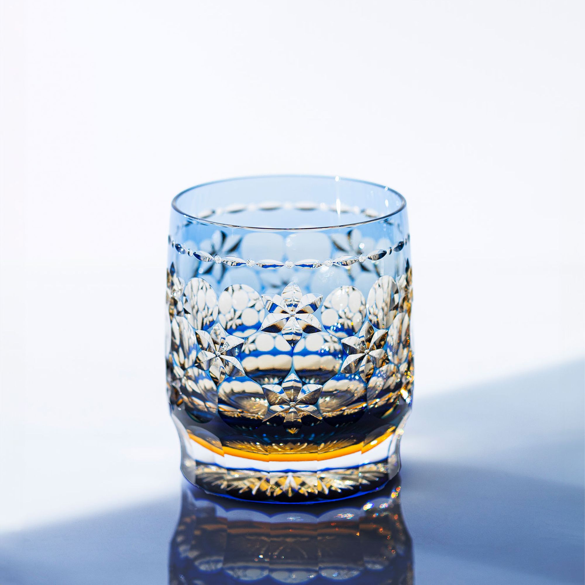 Ly pha lê rock glass Edo Kiriko "Tamamai" 330ml xanh cobalt được chế tác bởi nghệ nhân Hideaki Shinozaki | Kagami Crystal T754 - 2708-WUB