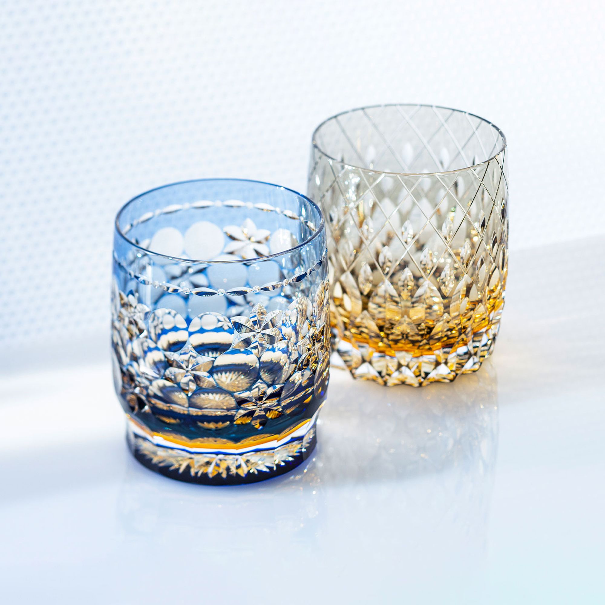 Ly pha lê rock glass Edo Kiriko "Tamamai" 330ml xanh cobalt được chế tác bởi nghệ nhân Hideaki Shinozaki | Kagami Crystal T754 - 2708-WUB