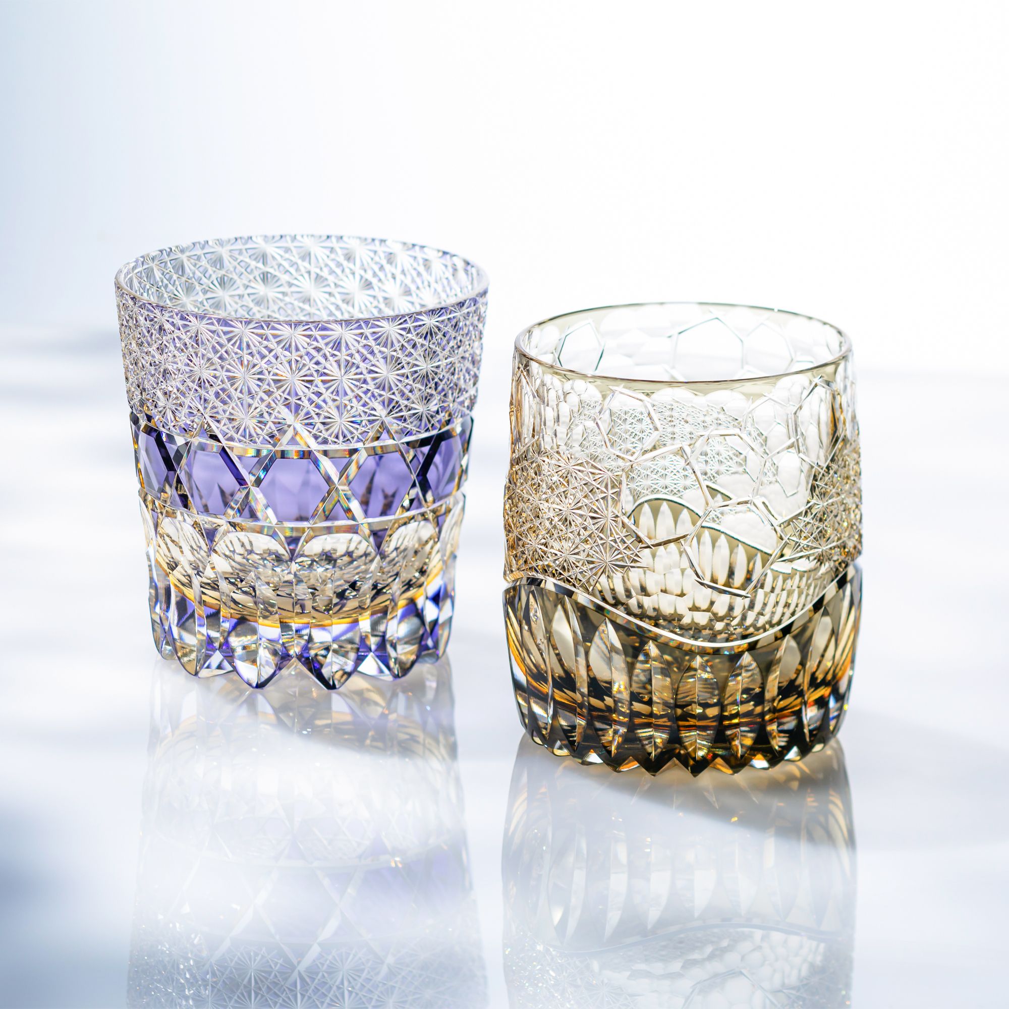 Ly pha lê rock glass Edo Kiriko "Hyoukou" 330ml màu trà được chế tác bởi nghệ nhân Tomokazu Noguchi | Kagami Crystal T754 - 3010- WUK