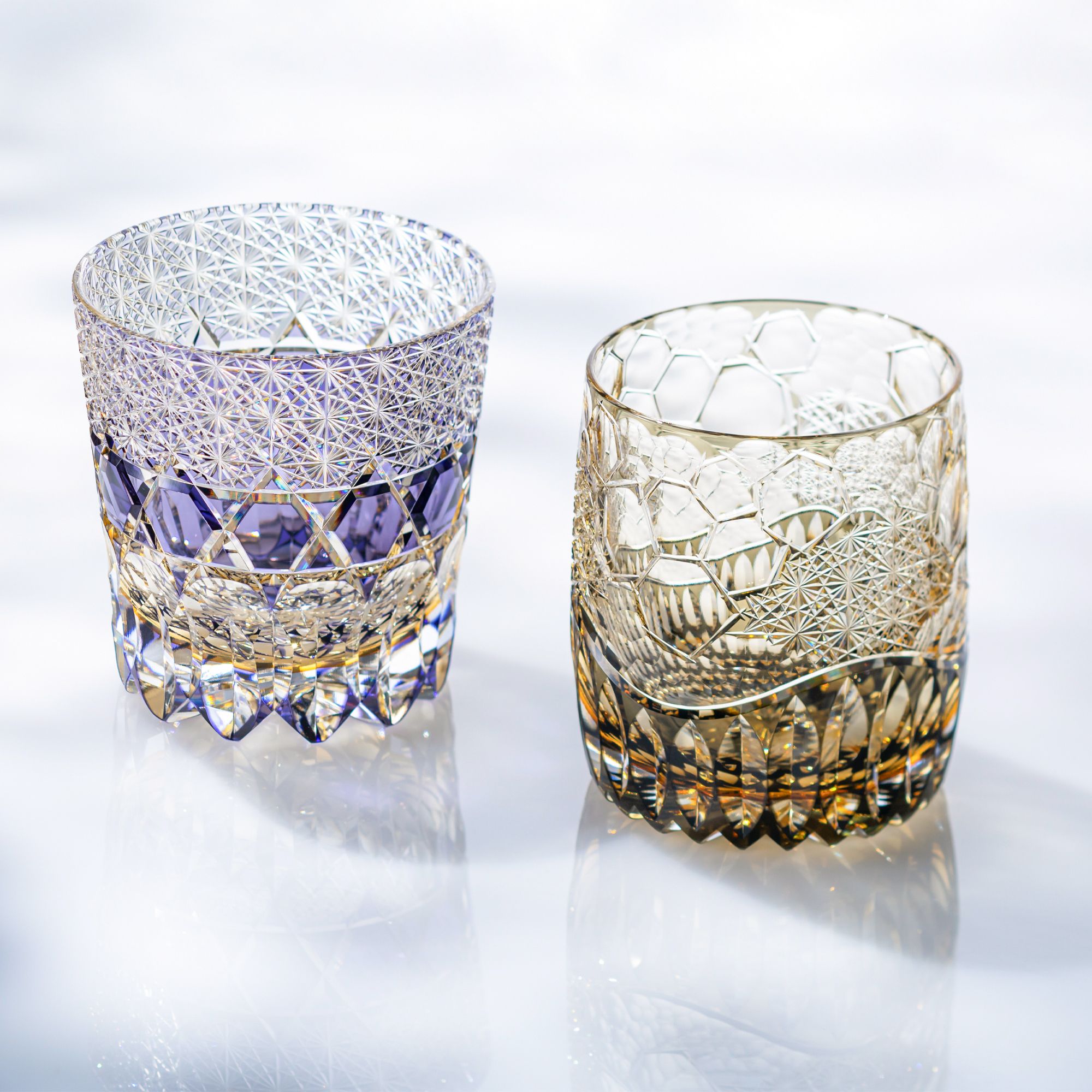 Ly pha lê rock glass Edo Kiriko "Hyoukou" 330ml màu trà được chế tác bởi nghệ nhân Tomokazu Noguchi | Kagami Crystal T754 - 3010- WUK