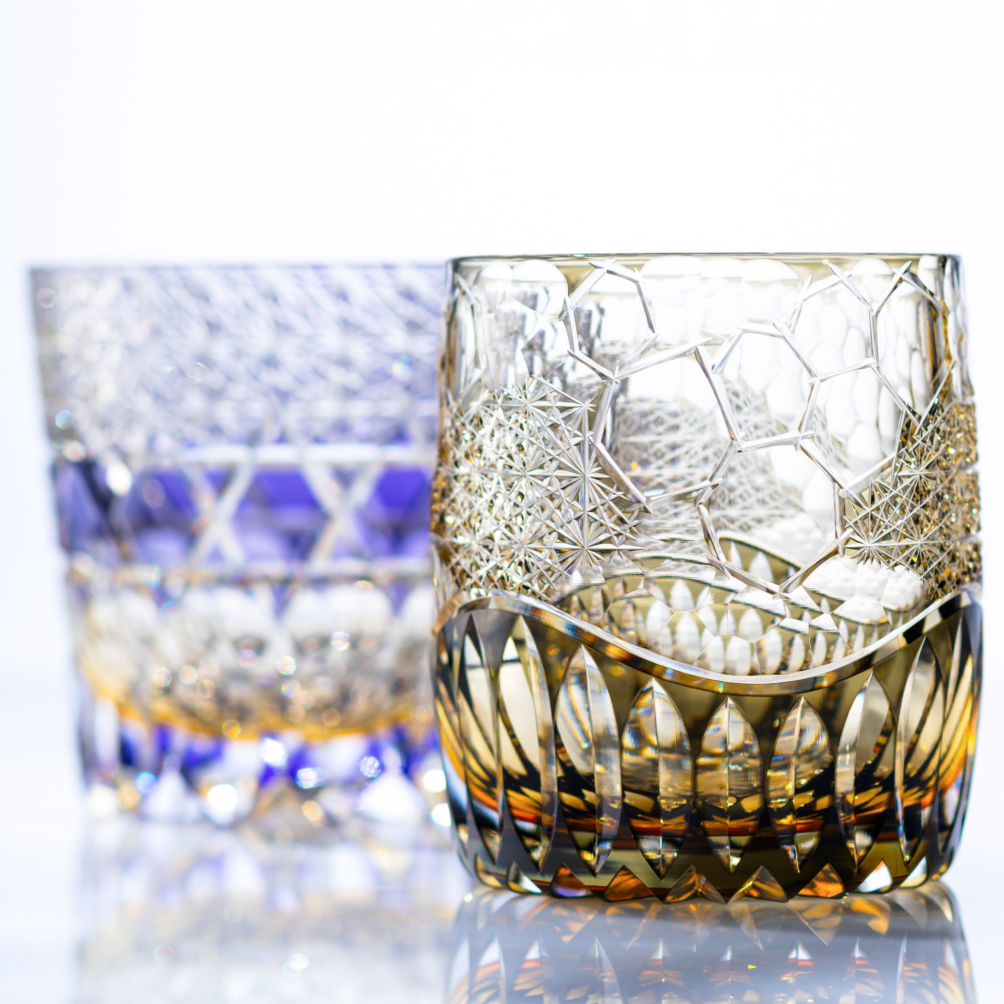 Ly pha lê rock glass Edo Kiriko "Hyoukou" 330ml màu trà được chế tác bởi nghệ nhân Tomokazu Noguchi | Kagami Crystal T754 - 3010- WUK