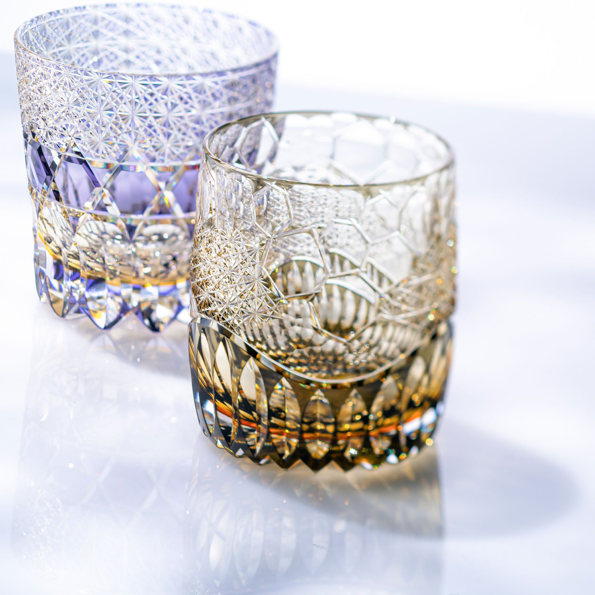 Ly pha lê rock glass Edo Kiriko "Hyoukou" 330ml màu trà được chế tác bởi nghệ nhân Tomokazu Noguchi | Kagami Crystal T754 - 3010- WUK