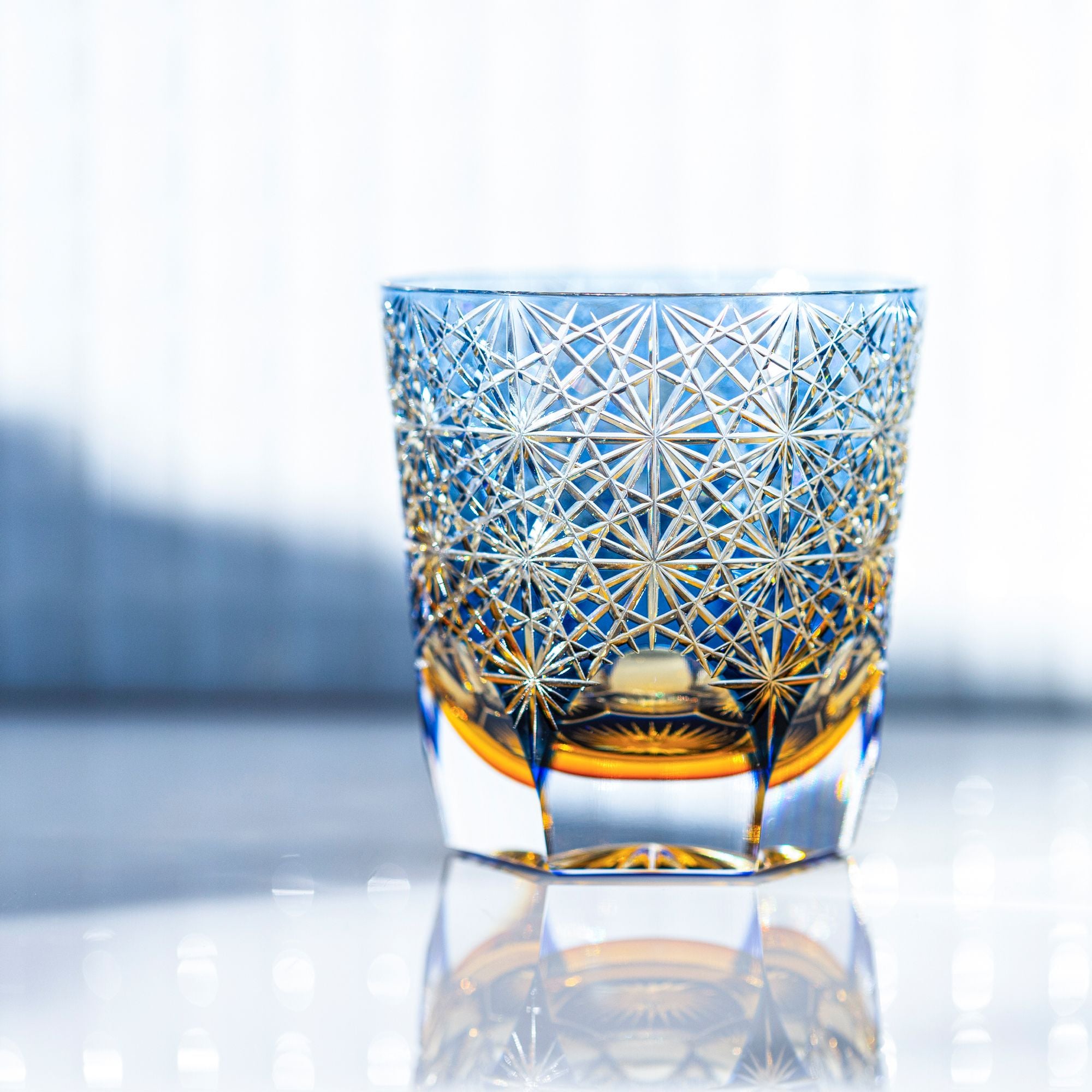 Ly pha lê rock glass Edo Kiriko "Ogiku" 320ml xanh cobalt được chế tác bởi nghệ nhân Junichi Nabetani | Kagami Crystal T755 - 2973-WUB