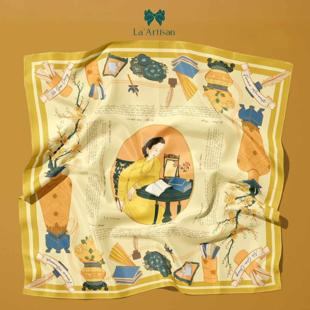 Khăn Nữ Sĩ Sương Nguyệt Anh choàng vai, quàng cổ cao cấp 60x60,90x90cm - Quà tặng văn hóa La'Artisan