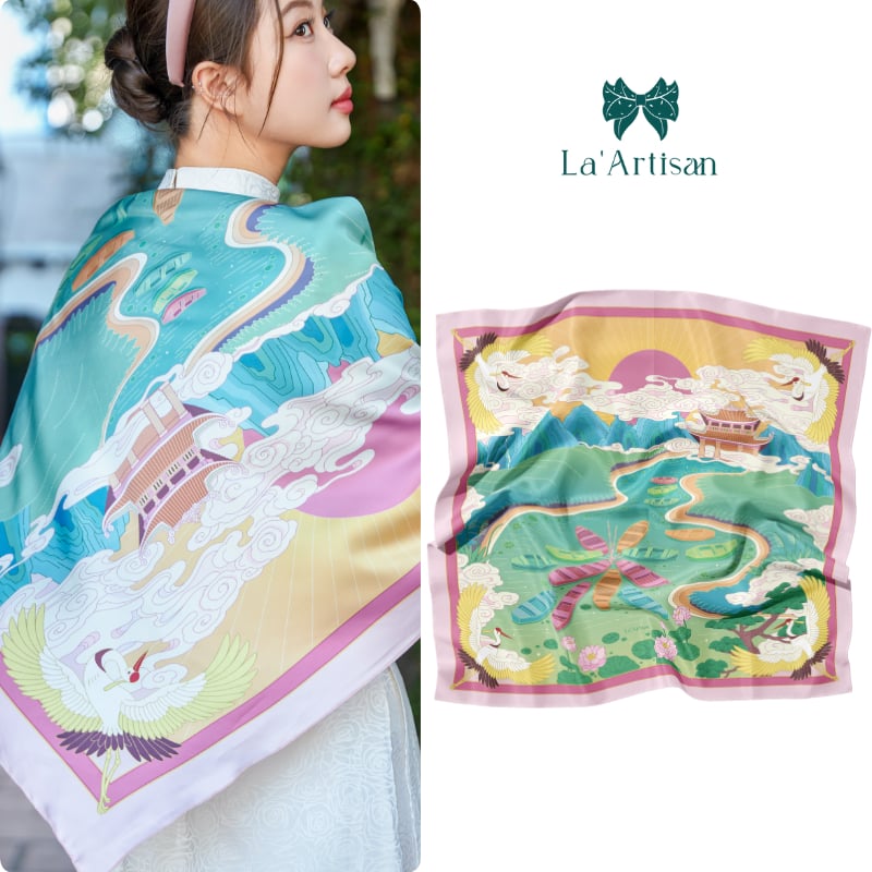 Khăn lụa Non nước Tràng An choàng vai, quàng cổ cao cấp 60x60,90x90cm - Quà tặng văn hóa La'Artisan