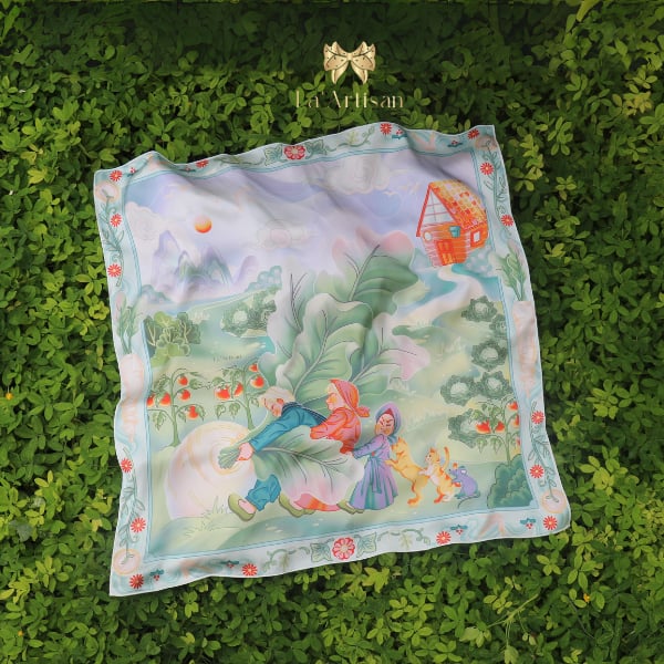 Khăn lụa Nhổ Củ Cải choàng vai, quàng cổ cao cấp 55x55cm, 90x90cm - Quà tặng văn hóa La'Artisan