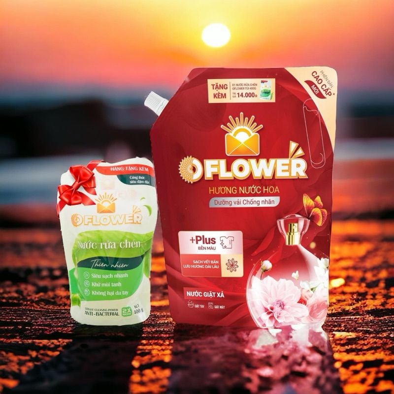  Combo Nước Giặt Xả OFlower Hương Nước Hoa Túi 3 Kg & Nước Rửa Chén Oflower 400g 