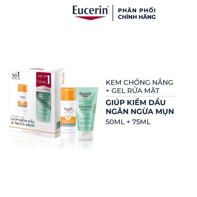 Eucerin Combo Kem chống nắng Oil Control Gel-Cream Sun Dry Touch SPF50 50ml + Gel rửa mặt Acne-Oil Control Pro Acne 75ml