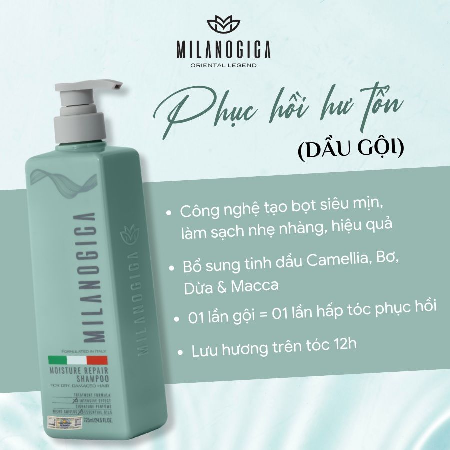 Cặp Gội Xả Milanogica Moisture Repair Phục Hồi Hư Tổn 2x725ml