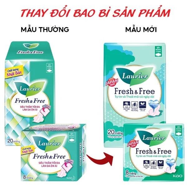 Băng Vệ Sinh Laurier Nhật Bản Fresh & Free Siêu thấm Chống Tràn Siêu Mỏng Cánh-20 miếng-BVS