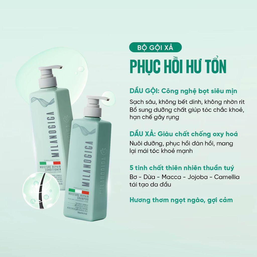 Cặp Gội Xả Milanogica Moisture Repair Phục Hồi Hư Tổn 2x725ml
