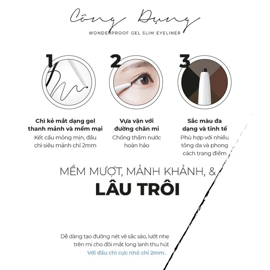 Chì kẻ mắt siêu mảnh lâu trôi Bom wonderproof gel slim eyeliner