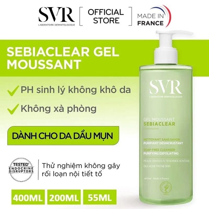 Gel Rửa Mặt dành cho da dầu mụn SVR Sebiaclear Gel Moussant