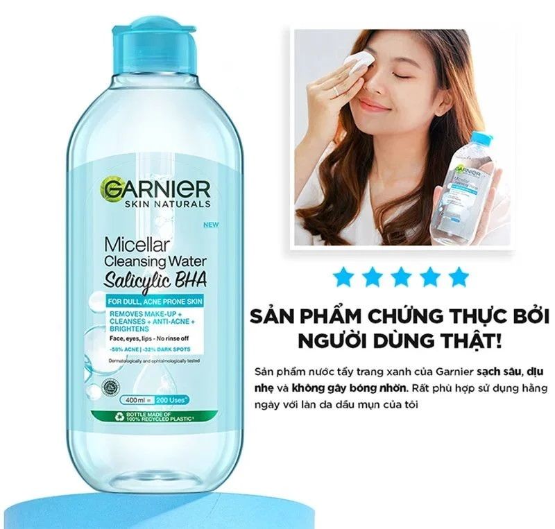 Nước Tẩy Trang Garnier da dầu mụn nắp xanh Skin Naturals Salicilyc BHA Cleansing Water