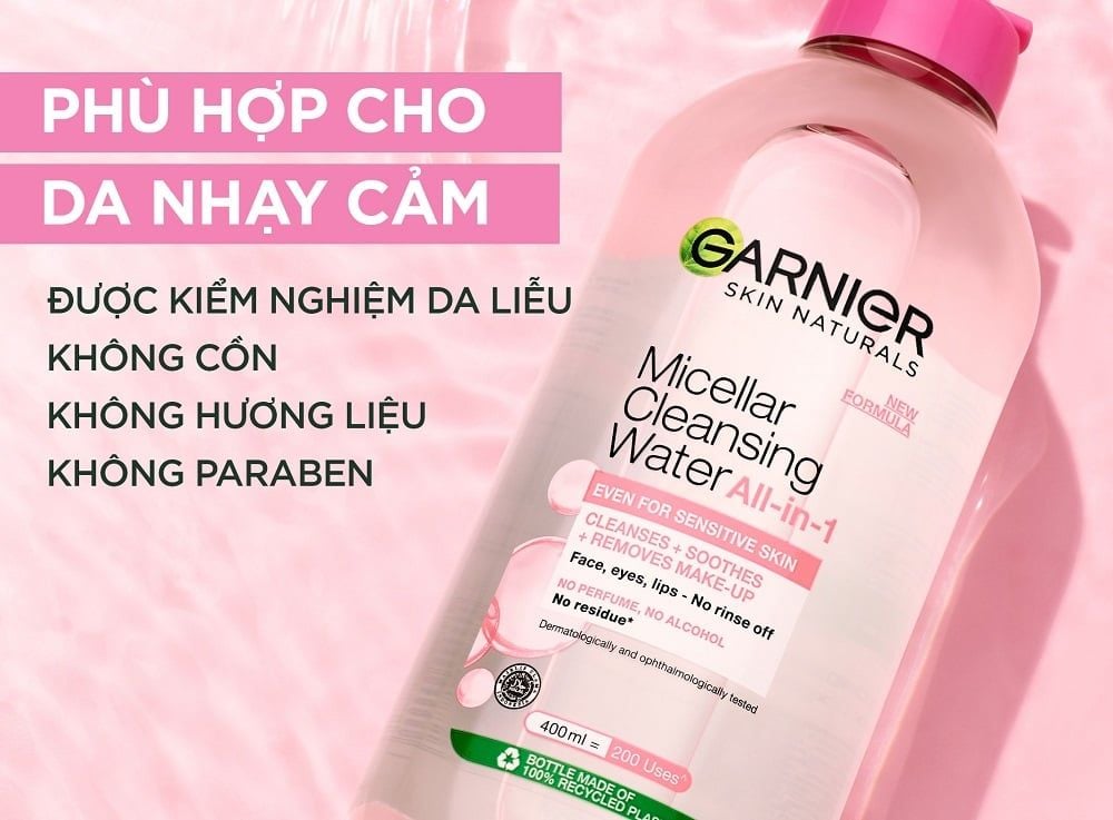 Nước tẩy trang Garnier da nhạy cảm nắp hồng