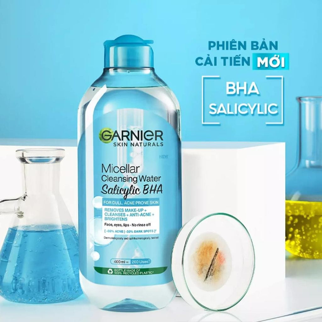 Nước Tẩy Trang Garnier da dầu mụn nắp xanh Skin Naturals Salicilyc BHA Cleansing Water