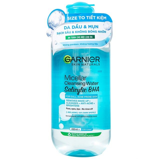 Nước Tẩy Trang Garnier da dầu mụn nắp xanh Skin Naturals Salicilyc BHA Cleansing Water