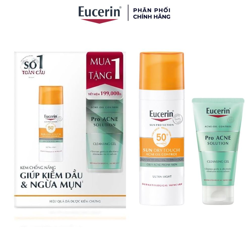Eucerin Combo Kem chống nắng Oil Control Gel-Cream Sun Dry Touch SPF50 50ml + Gel rửa mặt Acne-Oil Control Pro Acne 75ml