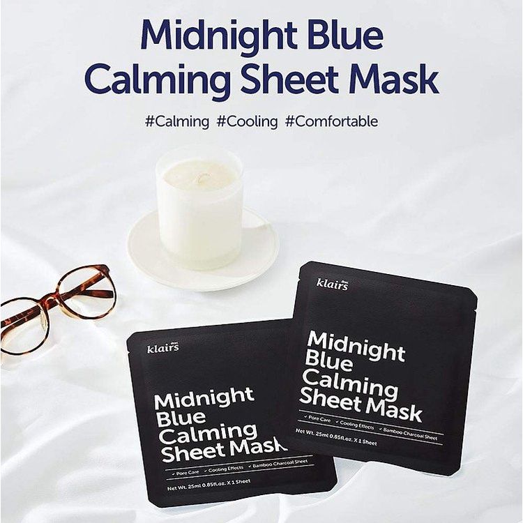 Mặt nạ Klairs Midnight Blue Calming Sheet Mask phục hồi và dưỡng ẩm.