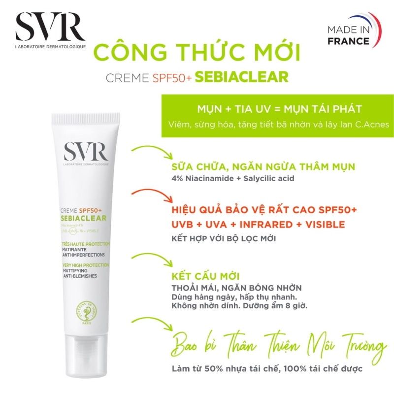 Kem Chống Nắng Kiềm Dầu Và Giảm Mụn SVR Sebiaclear Creme SPF50
