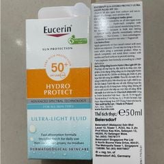 Chống nắng dạng sữa cho da nhạy cảm Eucerin Hydro Protect Ultra Light Fluid SPF 50+ 50ml