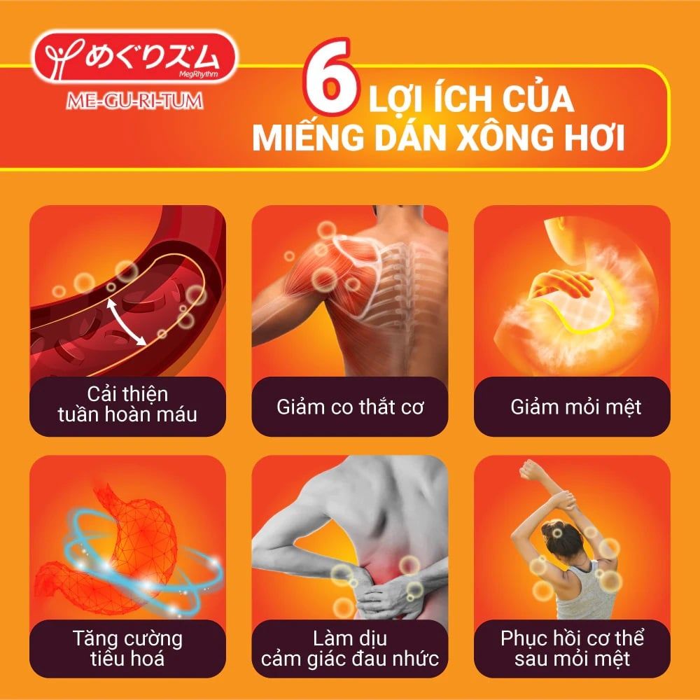 MegRhythm (Me-gu-ri-tum) Miếng Dán Nóng Xông Hơi Vùng Vai Lưng 4 Miếng/ Hộp