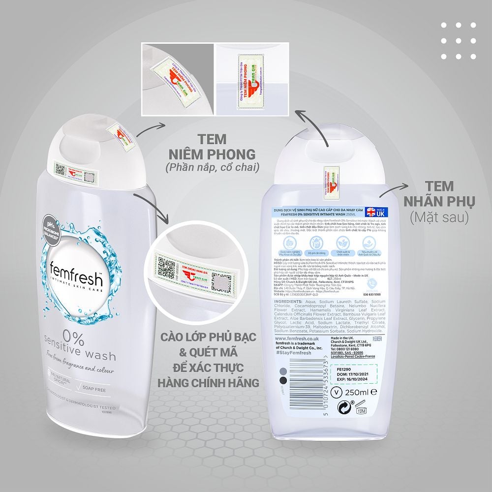 Dung dịch vệ sinh phụ nữ cao cấp cho da nhạy cảm Femfresh 0% Sensitive Intimate Wash 250ml