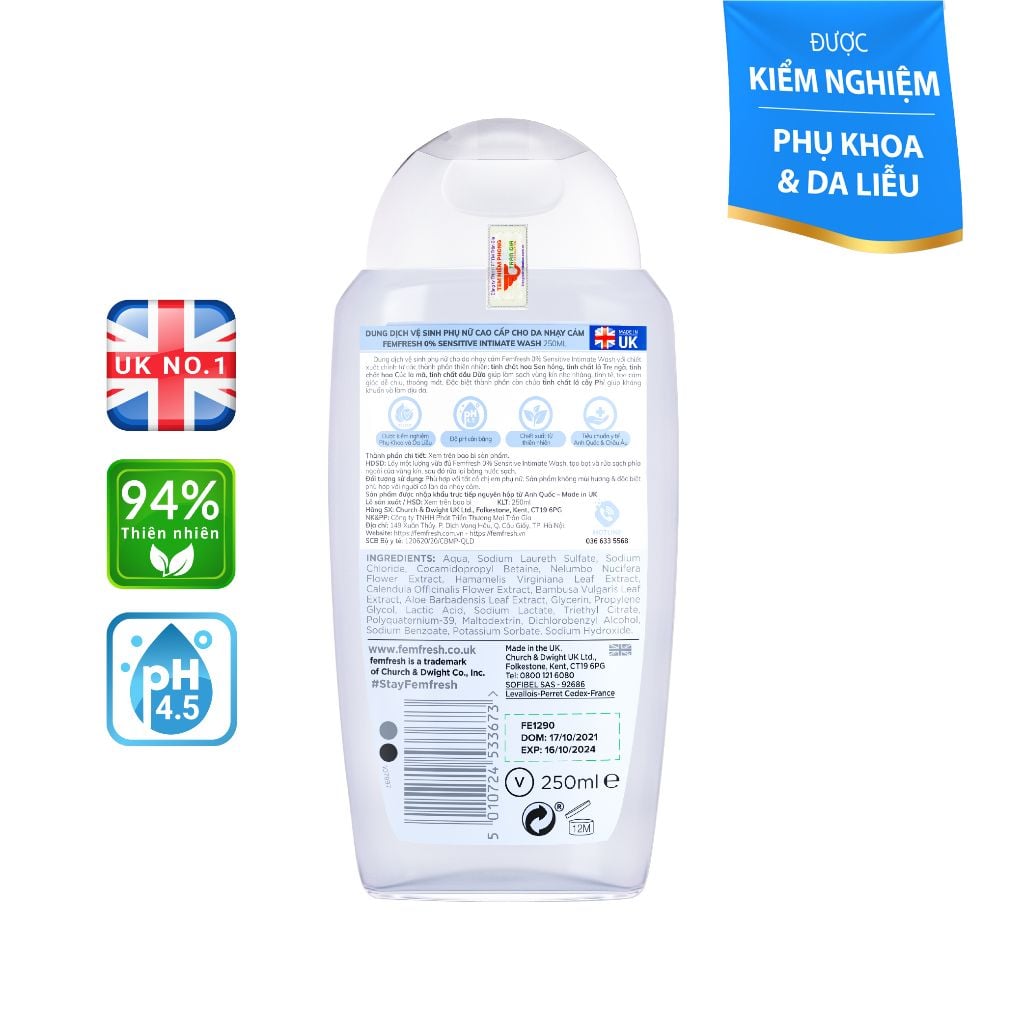Dung dịch vệ sinh phụ nữ cao cấp cho da nhạy cảm Femfresh 0% Sensitive Intimate Wash 250ml