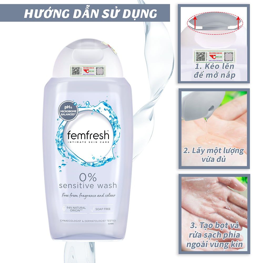 Dung dịch vệ sinh phụ nữ cao cấp cho da nhạy cảm Femfresh 0% Sensitive Intimate Wash 250ml