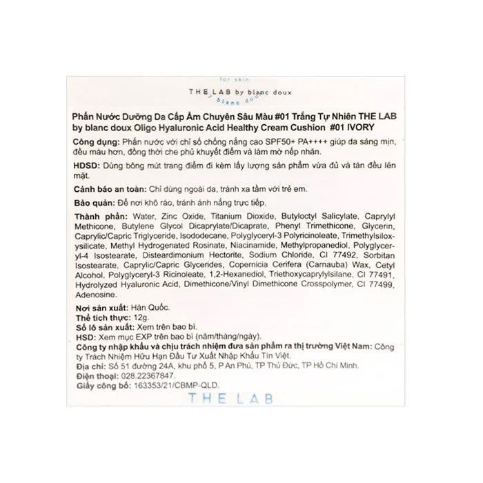 Phấn Nước Dưỡng Da Cấp Ẩm Chuyên Sâu The Lab Oligo Hyaluronic Acid Healthy Cream Cushion SPF50+ PA++++
