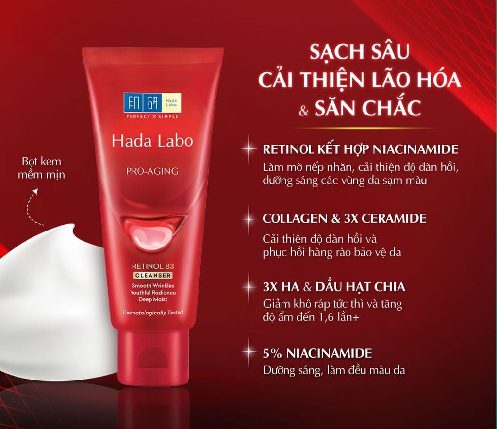 Sữa Rửa Mặt Hada Labo Cải Thiện Nếp Nhăn, Lão Hóa Da Pro Anti Aging Lifting Cleanser 80g