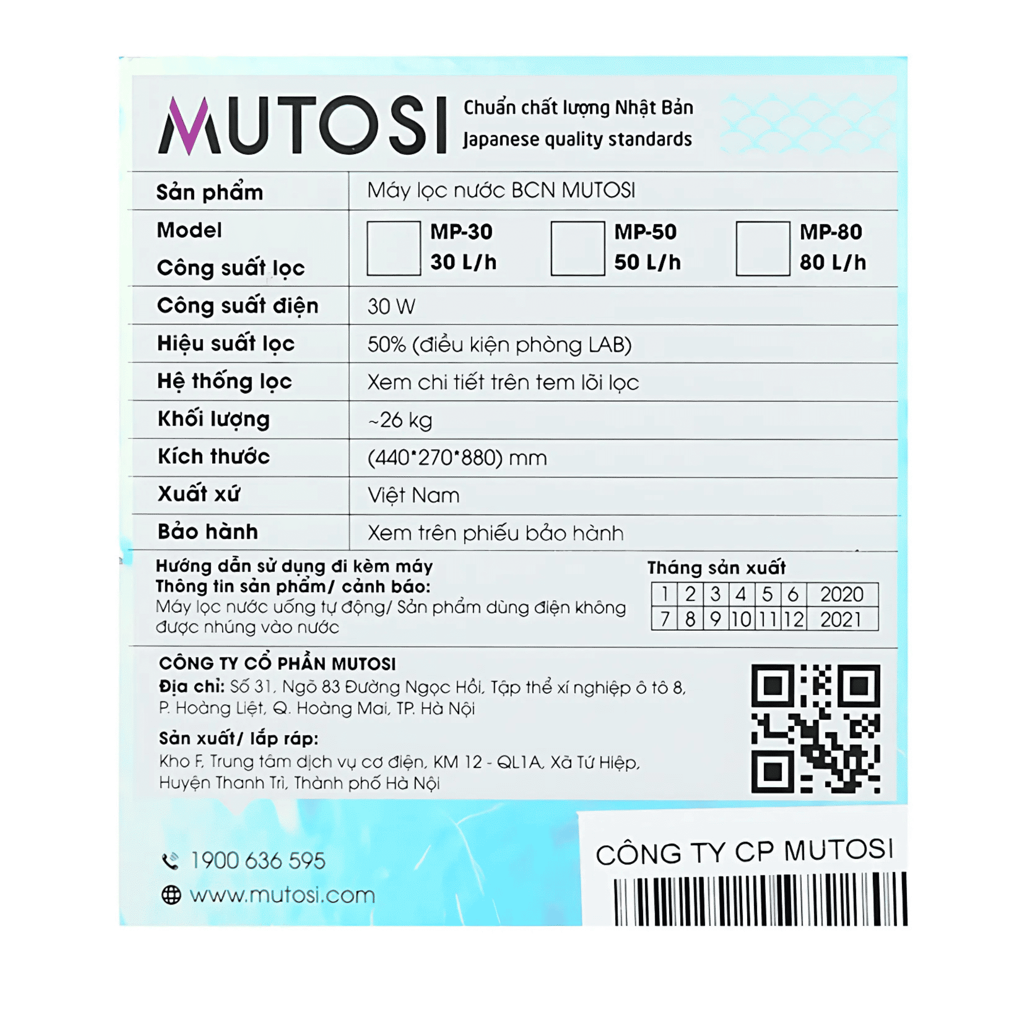 Máy lọc nước bán công nghiệp 80L/H Mutosi MP-80