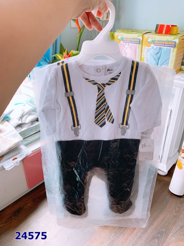Bodysuit áo trắng xanh xám quần xanh cà vạt xanh - size 6m