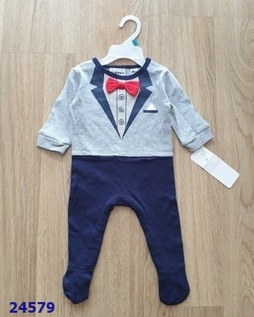 Bodysuit áo xám quần xanh nơ đỏ - size 3m