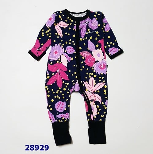 Sleepsuit Bond xanh dđen hoa lá tím - size 3/6m