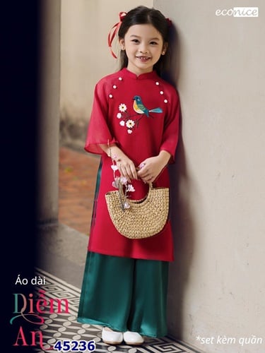 Áo dài Econice đỏ thêu chim