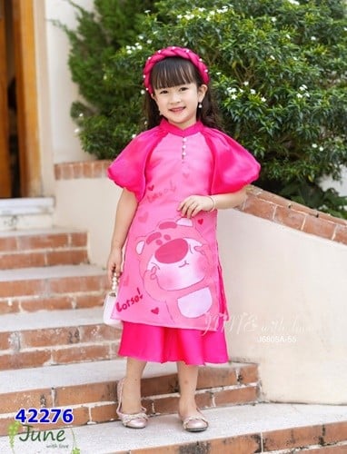 Áo dài June hồng gấu dâu + cài tóc