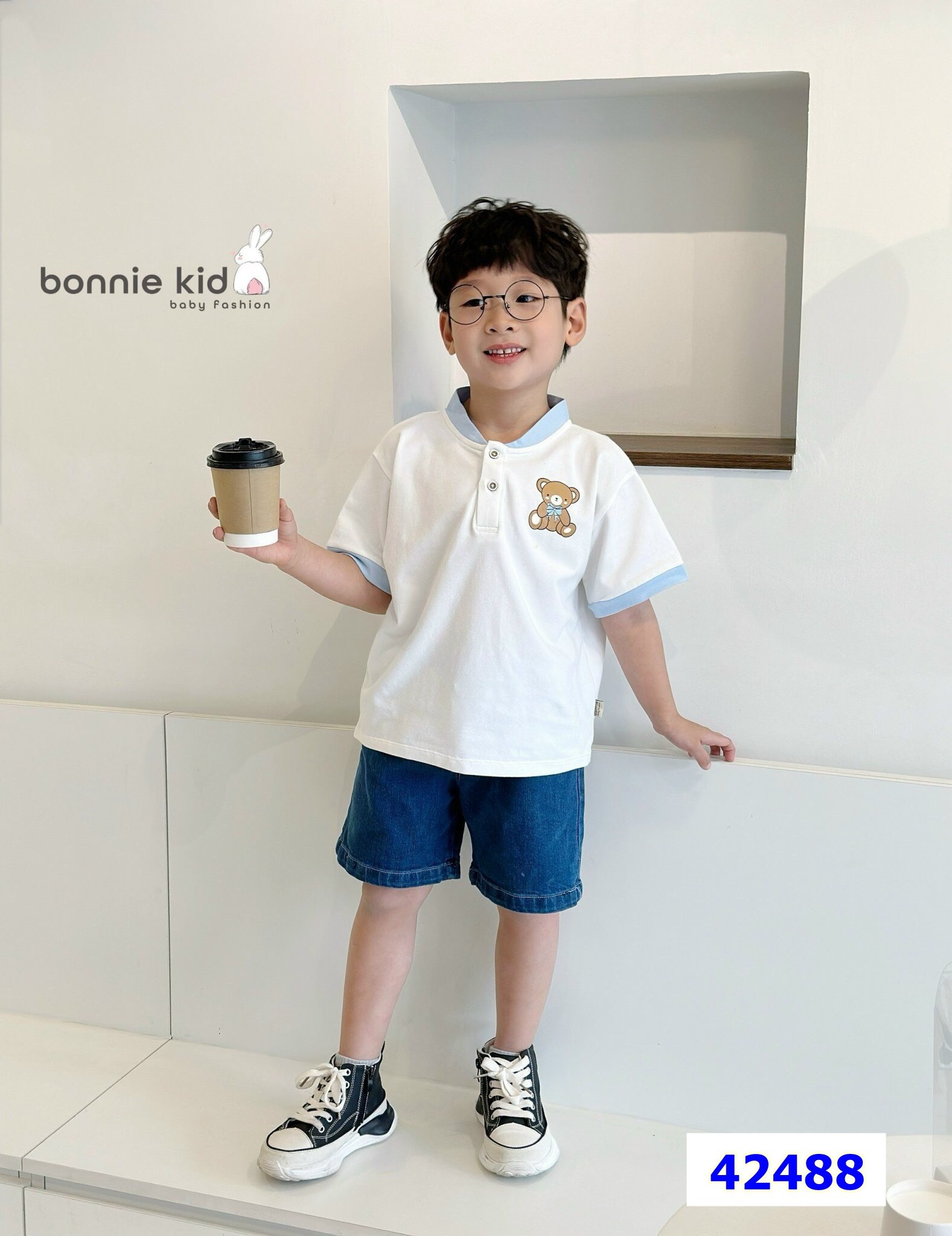 Bộ Bennie kid trắng logo gấu - size 80